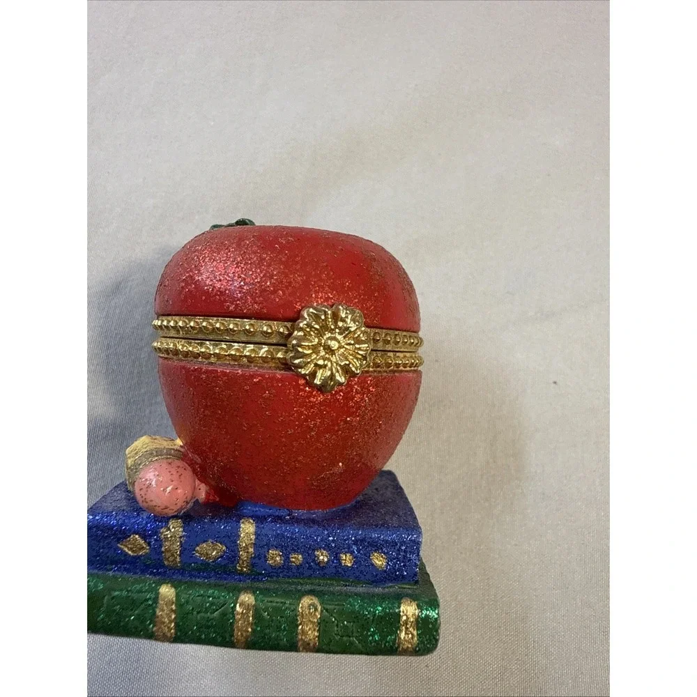Vintage Porcelain Hinged Apple on Books Trinket Box Teacher Gift Gold Trim